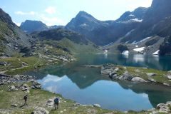 Lacs du Doménon : les dernières prairies avant la caillasse (tout au fond à gauche, la pointe des Roches Rouges cache de peu l'objectif final)